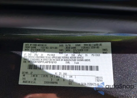 2020 Ford F-150 Xl из США, поврежденный, VIN 1FTEW1EP7LKF51213